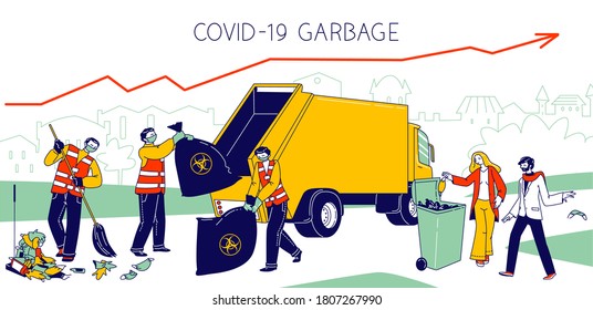 Janitors Collecting Garbage to Sacks with Bio Hazard Signs. Male and Female Characters Throw Covid Waste Used Masks and Gloves into Special Litter Bins and on Street. Linear People Vector Illustration