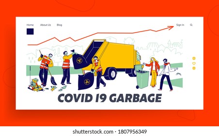 Janitors Collecting Garbage to Sacks with Bio Hazard Signs Landing Page Template. Characters Throw Covid Waste Used Masks and Gloves in Special Litter Bins on Street. Linear People Vector Illustration