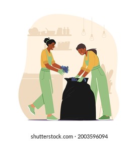 Janitors in Rubber Gloves and Uniform Collecting Garbage to Plastic Sack Cleaning Home or Hotel. Female Character Household Chores, Cleaning Service Worker Duties. Cartoon People Vector Illustration