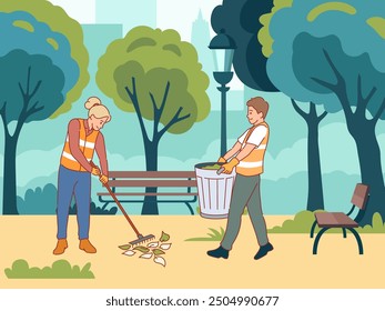 Janitors team clean street. People in uniform collect fallen leaves in park, garbage collecting, gathering trash process, cleaning environment, cartoon flat style isolated vector concept