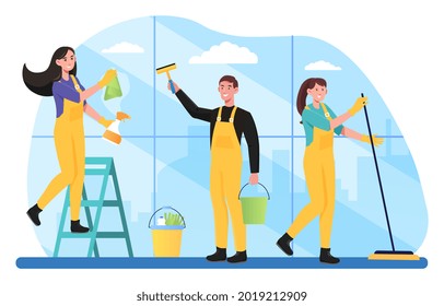Janitors team cleaning service composition in uniform work together with professional equipment washing panoramic glazing. Flat cartoon vector illustration concept design isolated on white background