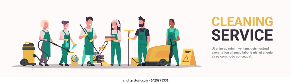 janitors team cleaning service concept male female mix race cleaners in uniform working together with professional equipment flat full length horizontal banner copy space