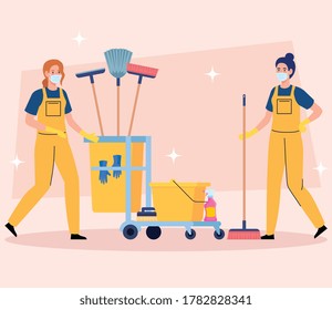 janitors team cleaning service, women cleaners in uniform working with professional equipment of cleaner vector illustration design