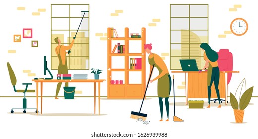 Janitors Team Cleaning Service Working with Equipment in Co-working Office Flat Cartoon Vector Illustration. Man Cleaning Window, Girl Sweeping Floor with Broom. Woman Wiping Desks and Furniture.