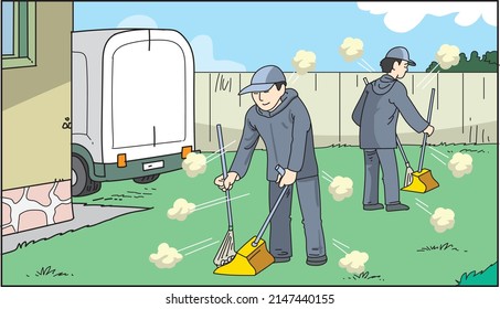 Janitors team cleaning yard vector illustration. 