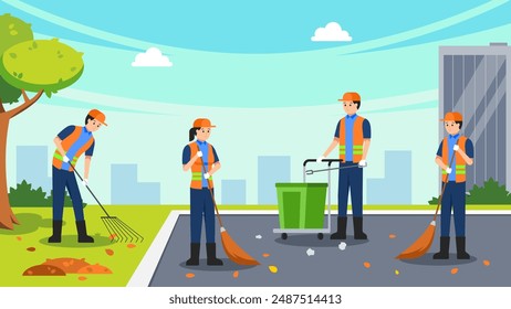 janitors team gathering trash cleaners using rack and broom streets cleaning people working together cityscape background