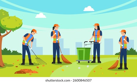 janitors team gathering trash cleaners using rack and broom streets cleaning people working together cityscape background