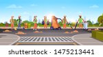 janitors team gathering trash on road cleaners using vacuum cleaner rack broom streets cleaning service concept mix race people working together cityscape sunset background full length horizontal