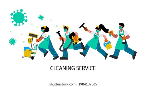 Janitors team in rubber glove rush to clean up.Cleaning team disinfects homes and offices.Vector flat illustration.