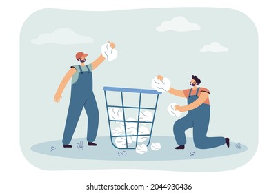 Janitors throwing paper into huge bin. Male characters in uniform throwing garbage into trash can flat vector illustration. Recycling, ecology concept for banner, website design or landing web page