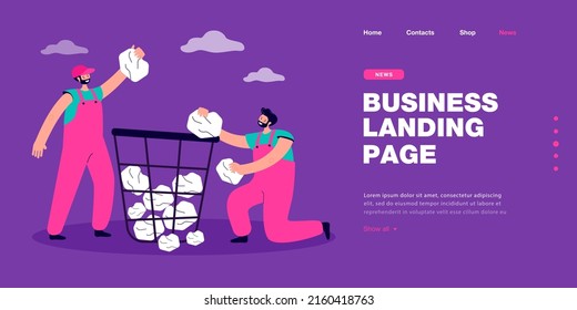 Janitors throwing paper into huge bin. Male characters in uniform throwing garbage into trash can flat vector illustration. Recycling, ecology concept for banner, website design or landing web page