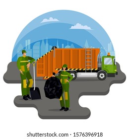 Janitors, utility workers clean street against backdrop of big city and garbage truck. Utilities for people. Disposal, processing, and separation of garbage. Vector illustration in flat cartoon style
