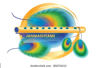 Janmashtami background- horizontal page design. Peacock feature, bansuri flute and abstract gold paint circle. Janmashtami background. As design element, banner, greeting card, site decoration.