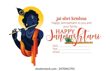 Janmashtami festival with Lord Krishna playing flute, cow Happy Janmashtami, krishna janmashtami vector illustration with background