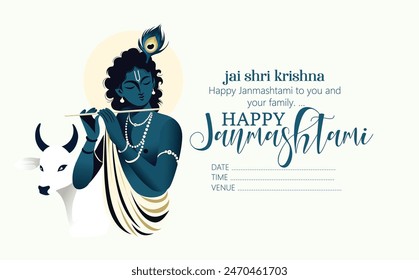 Janmashtami Festival mit Lord Krishna Spielflöte, Kuh Happy Janmashtami, Krishna Janmashtami Vektorillustration mit Hintergrund