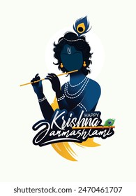 Janmashtami festival with Lord Krishna playing flute, cow Happy Janmashtami, krishna janmashtami vector illustration with background