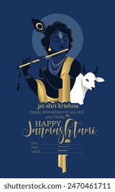 Janmashtami Festival mit Lord Krishna Spielflöte, Kuh Happy Janmashtami, Krishna Janmashtami Vektorillustration mit Hintergrund