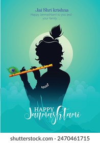 Janmashtami festival with Lord Krishna playing flute, cow Happy Janmashtami, krishna janmashtami vector illustration with background