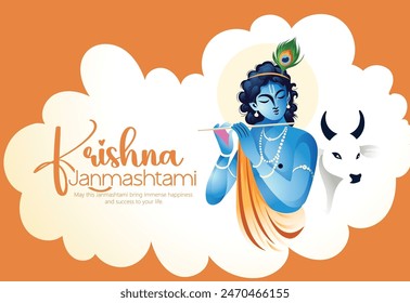 Janmashtami Festival mit Lord Krishna Spielflöte, Kuh Happy Janmashtami, Krishna Janmashtami Vektorillustration mit Hintergrund