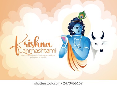 Janmashtami festival with Lord Krishna playing flute, cow Happy Janmashtami, krishna janmashtami vector illustration with background