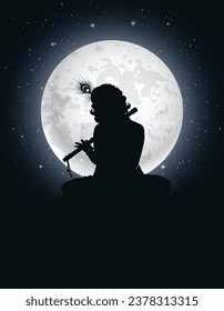 Janmashtami festival silhouette vector with Lord Krishna playing flute in moon light vector illustration background, banner, card design, poster, digital post.