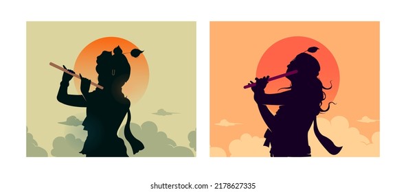  Janmashtami festival vector with Lord Krishna playing flute vector illustration background, banner, digital post, poster, and card design