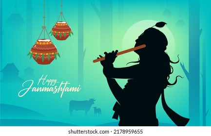  Vector del festival Janmashtami con Lord Krishna tocando fondo de ilustración vectorial de flauta, banner, post digital, afiche y diseño de tarjetas