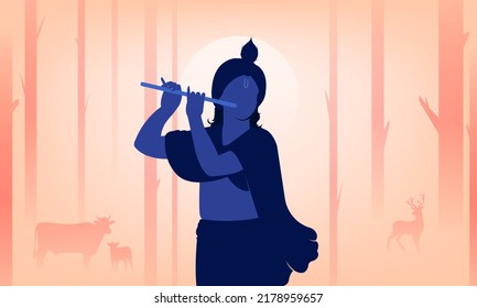  Janmashtami festival vector with Lord Krishna playing flute vector illustration background, banner, digital post, poster, and card design