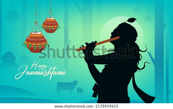  Janmashtami festival vector with Lord Krishna\
playing flute vector illustration background, banner, digital post,\
poster, and card design
