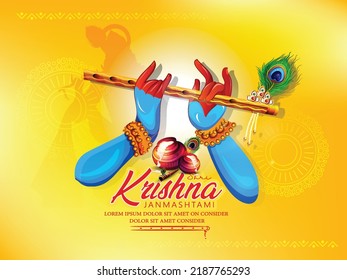 Janmashtami, Gokulashtami, illustration of Lord Krishna hand playing bansuri (flute) with Dahi Handi and peacock feather, Happy Janmashtami 