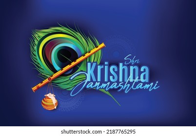 Janmashtami, Gokulashtami, illustration of Lord Krishna hand playing bansuri (flute) with Dahi Handi and peacock feather, Happy Janmashtami 