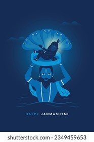 Janmashtami Krishna Born Minimal Poster, Vasudev Carrying Bal Krishna Poster, Happy Janmashtami - Editable Vector Art