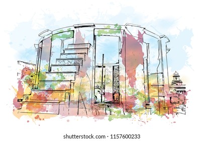 The Jantar Mantar monument in Jaipur, Rajasthan, india. Watercolor splash with Hand drawn sketch illustration in vector.