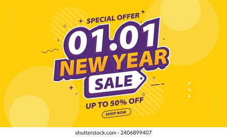 "January 01 to 01 New Year Sale: Grab fantastic deals for the entire month! Our banner template offers a month-long shopping extravaganza to kickstart your year with savings galore!"