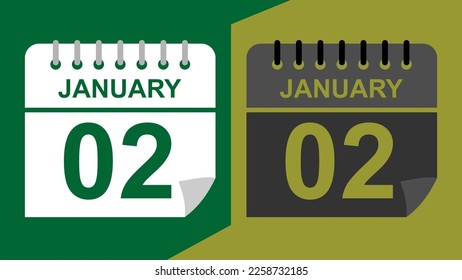 January 02 calendar date on green background or isolated icons with hollow background.