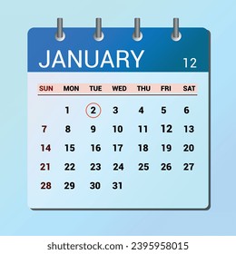 January 02. Flat icon calendar isolated on blue background. Date and month vector illustration