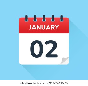 2 de enero. Diseño plano vectorial del icono diario del calendario. Fecha y día del año.