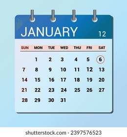 6 de enero. Calendario de icono plano aislado en fondo azul. Ilustración vectorial de fecha y mes
