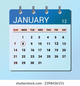 January 08. Flat icon calendar isolated on blue background. Date and month vector illustration