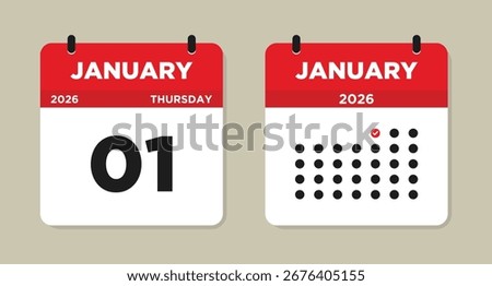 January 1 2026 Calendar Vector Illustration. New Year Date Icon. Day calendar with date January 1. Week Starts on Sunday. Checklist day calendar.