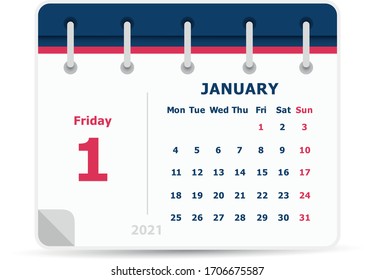 January 1 - Calendar Icon - 2021 - Week starts monday. Calendar design template. 