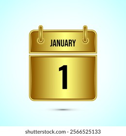January 1 calendar and time planner on gold background. Daily calendar icon, schedule symbol
