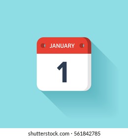 January 1. Isometric Calendar Icon With Shadow.Vector Illustration,Flat Style.Month and Date.Sunday,Monday,Tuesday,Wednesday,Thursday,Friday,Saturday.Week,Weekend,Red Letter Day. Holidays 2017.