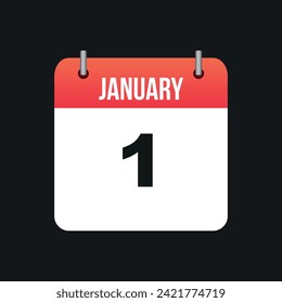January 1, Red and White Color Calendar Page with Black Outline
