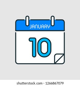 January 10.Calendar icon.Vector illustration,flat style.Date,day of month:Sunday,Monday,Tuesday,Wednesday,Thursday,Friday,Saturday.Weekend,red letter day.Calendar for 2019 year.Holidays in January