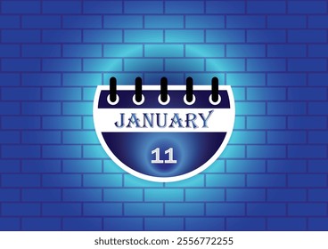 January 11 calendar sign on blue neon brick wall background. Flat design style. Date, day and month. Vector illustration.