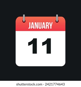 January 11, Red and White Color Calendar Page with Black Outline