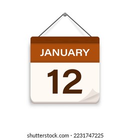 January 12, Calendar icon with shadow. Day, month. Meeting appointment time. Event schedule date. Flat vector illustration. 