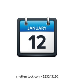 January 12. Calendar Icon.Vector Illustration,flat Style.Month And Date.Sunday,Monday,Tuesday,Wednesday,Thursday,Friday,Saturday.Week,weekend,red Letter Day. 2017,2018 Year.Holidays.