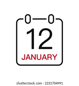 January 12 date on the calendar, vector line stroke icon for user interface. Calendar with date, vector illustration.